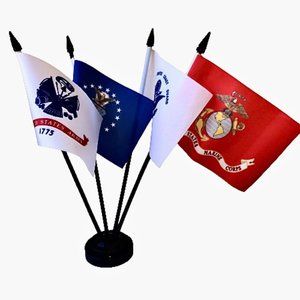 Miniature Flag Desk Set With Base ARMY + MARINES + COAST GUARD + AIR FORCE